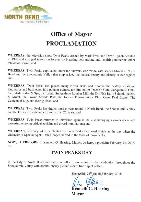 North Bend's Twin Peaks Day (February 24) Proclamation