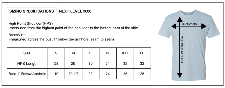 Next Level 3600 size chart