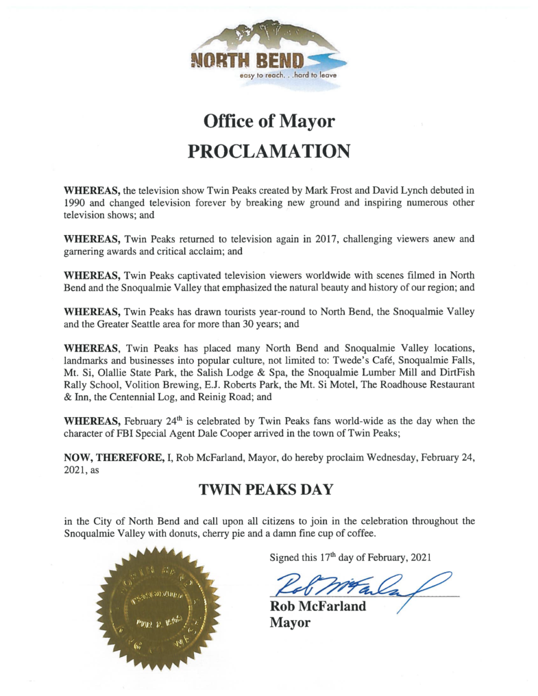 Proclamation Twin Peaks Day 2021 North Bend