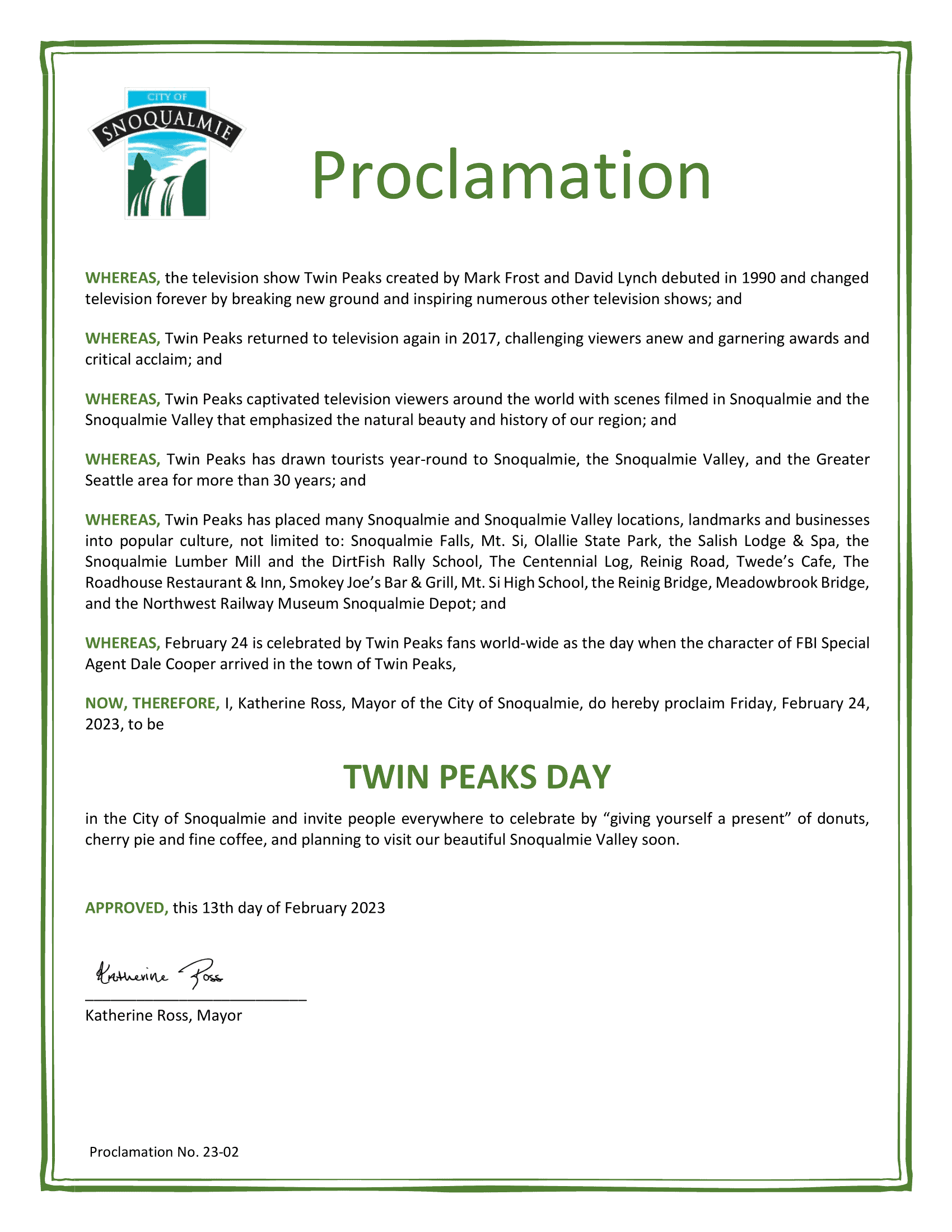 Snoqualmie Proclamation Twin Peaks Day February 24 2023 1