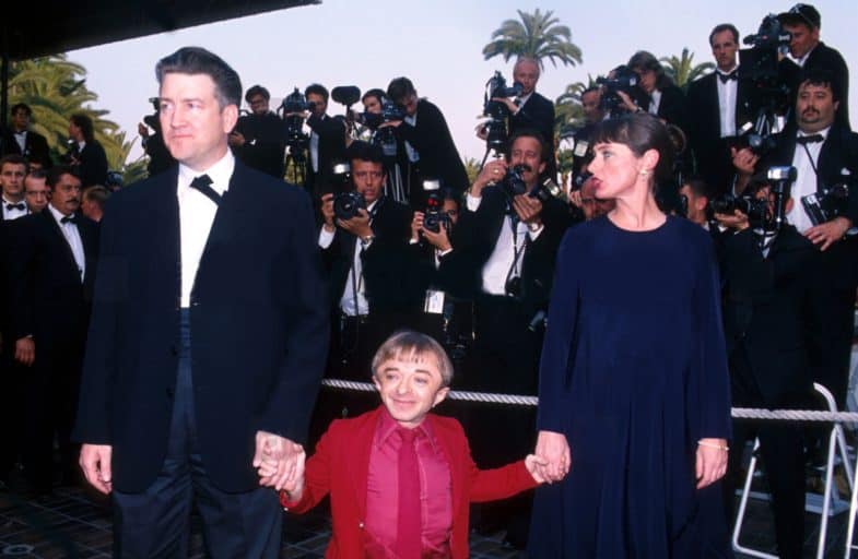 David Lynch, Michael J. Anderson and Mary Sweeney at the 1992 Cannes Film Festival for Twin Peaks: Fire Walk with Me