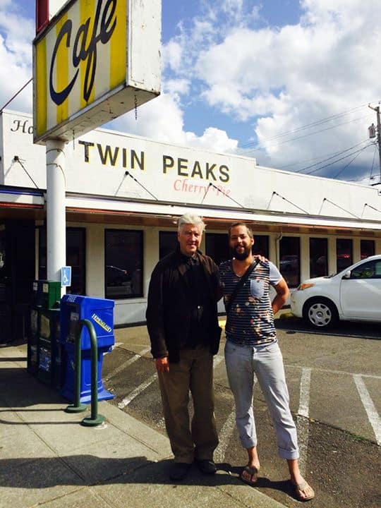 David Lynch visiting Twin Peaks, outside of Twede's in North Bend, WA
