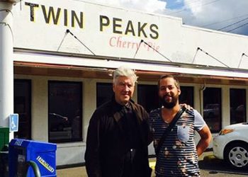 David Lynch visiting Twin Peaks, outside of Twede's in North Bend, WA