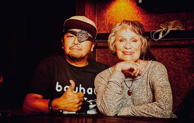 Director of Photography Chris Rejano sports a handmade eyepatch with Wendy Robie (Photo by John Otterbacher via Screenmag.com)