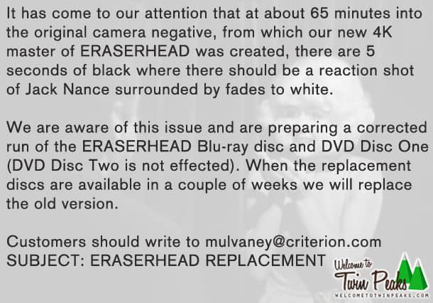 Eraserhead issue statement by Criterion, announcement of disc replacement program