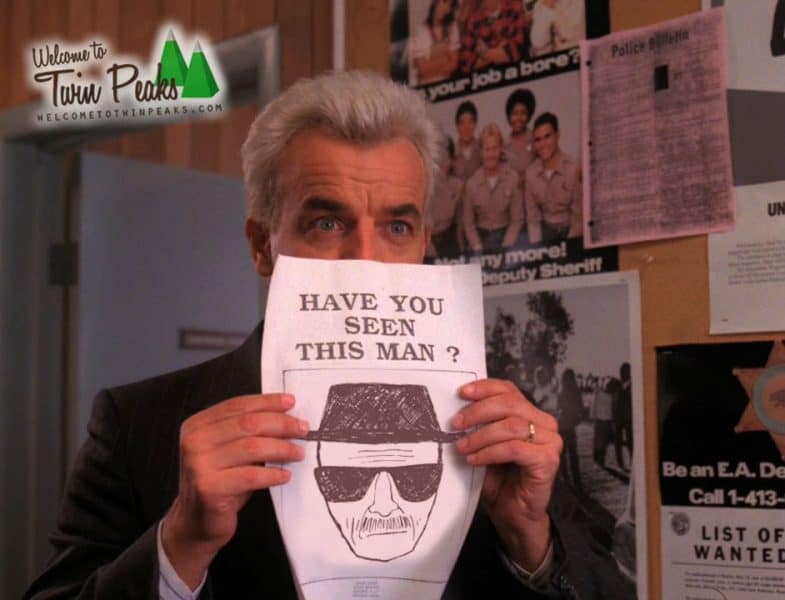 Twin Peaks: Leland Palmer holding Have You Seen This Man poster with Heisenberg sketch
