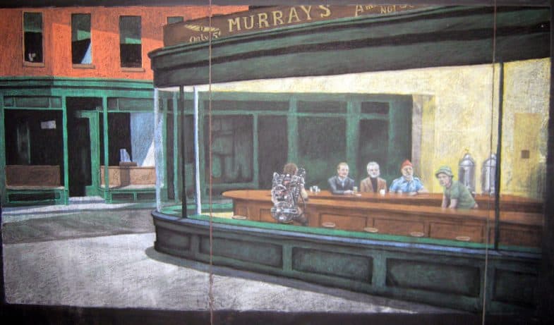 Murray's chalk mural based on Hopper's Nighthawks by Justin Cozens