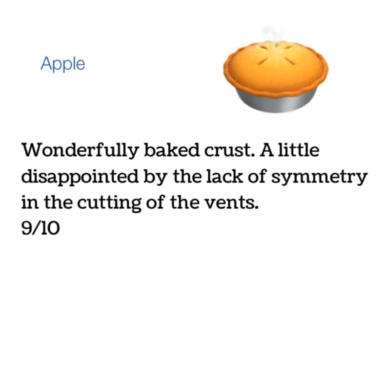 Apple - Wonderfully baked crust. A little disappointed by the lack of symmetry in the cutting of the vents. 9/10 