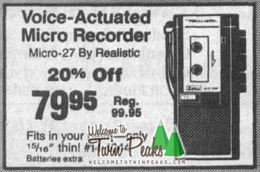 The 1989 newspaper ad for Dale Cooper's tape voice-actuated recorder. Only $79.95