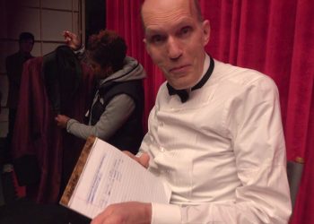 Carel Struycken and Cori Glazer rehearse a backwards line for Twin Peaks: The Return