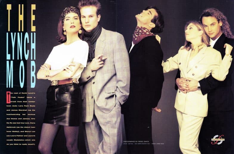 Lara Flynn Boyle, James Marshall, Dana Ashbrook, Sheryl Lee and Eric Da Re in Twin Peaks fashion spread