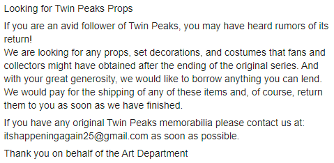 Twin Peaks Art Department Looking For Props (2015)