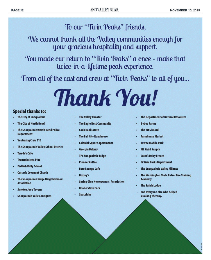 Twin Peaks cast & crew thanks the communities of Snoqualmie and North Bend, WA