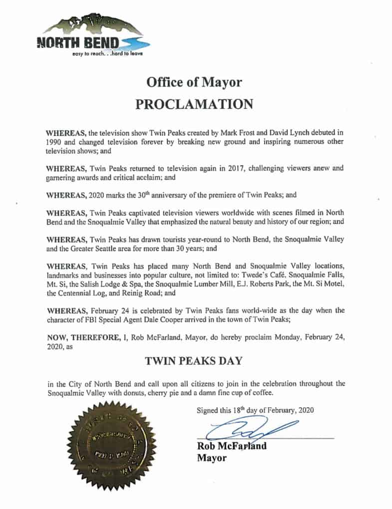 Twin Peaks Day Proclamation North Bend 2020