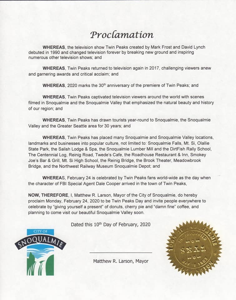Twin Peaks Day Proclamation Snoqualmie 2020 Clear