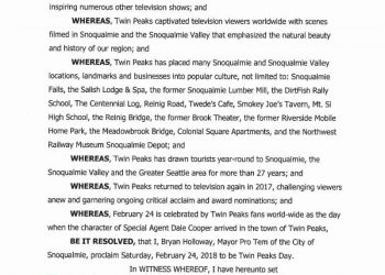 Snoqualmie's Twin Peaks Day (February 24) Proclamation