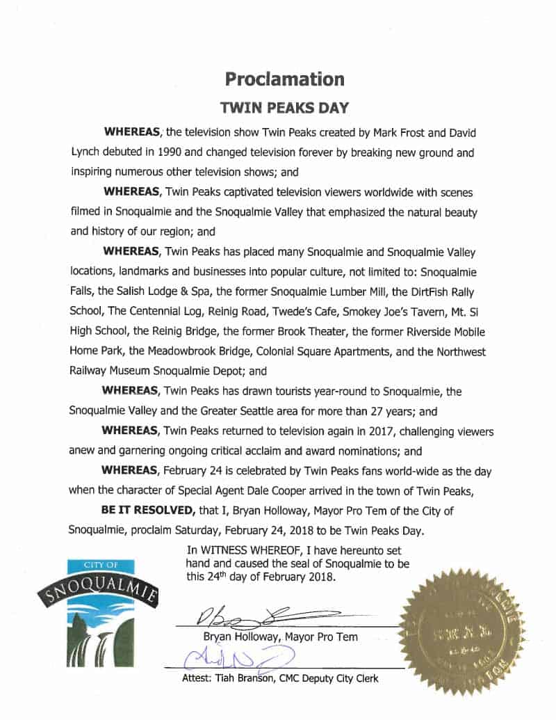 Snoqualmie's Twin Peaks Day (February 24) Proclamation