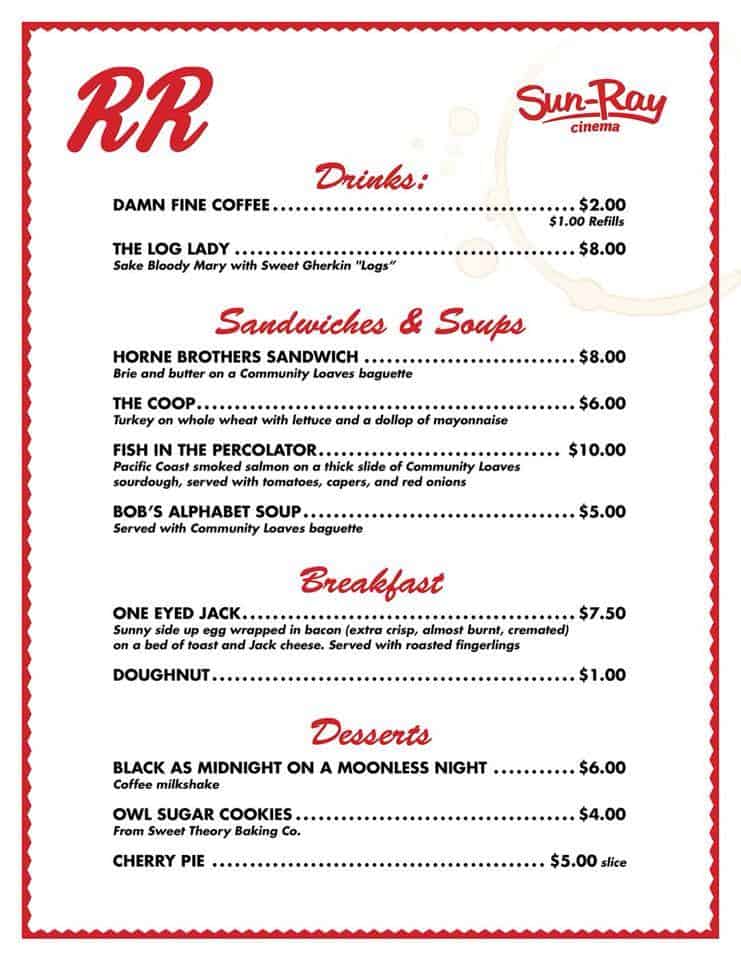Double R Diner menu for Sun-Ray Cinema's Twin Peaks Marathon