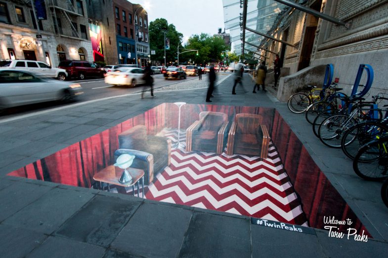 Twin Peaks Red Room as a 3D anamorphic street art painting