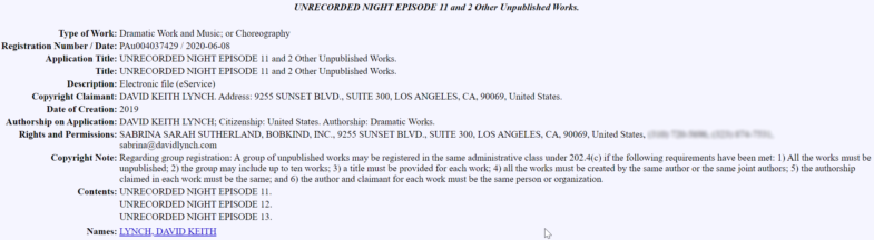 Unrecorded Night Episodes 11 12 13 Copyright David Lynch